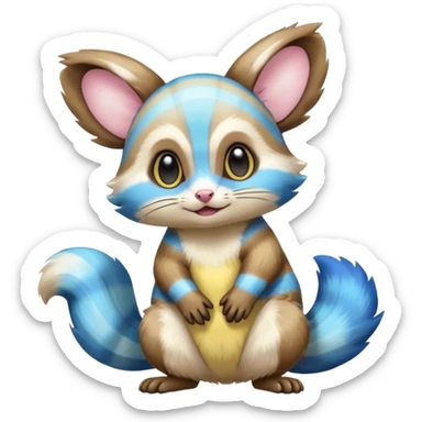 Realistic cute Neon-yellow and neon-cobalt-blue and cyan-gradients-striped Furret-Emolga-Genet-Purrloin-hybrid-fusion (full body) sticker