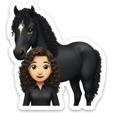 White girl, black shirt, long dark brunette curly hair, with  black arabian horse sticker