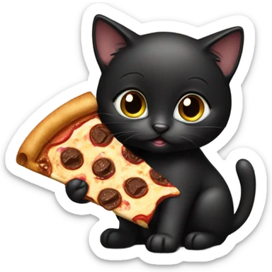 A black kitten eating a slice of chocolate pizza sticker
