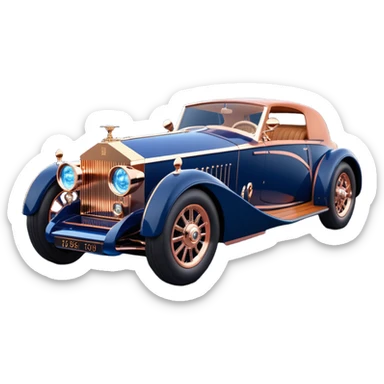 dark blue led lights on a streamlined channeled hot rodded delicately inlaid rose gold and wood accentuated sporty 1889 Rolls Royce with futuristic electric spaceship plasma neon glowing motors and lightening dynamos with wide racing wheels that are held strong by advanced suspension and steering sticker