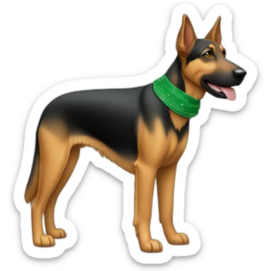 75% Coonhound 25% German Shepherd mix dog wearing small plain green bandana side view full body in profile left facing sticker