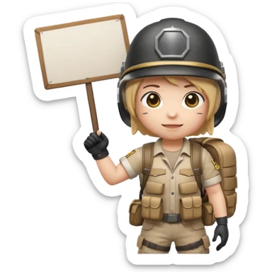 Create a cute emoji-style PUBG Mobile character, chibi version with helmet and backpack, standing in victory pose, holding a blank white sign or paper sheet in both hands in front of chest, ready for text, clean white background, simple emoji design” sticker