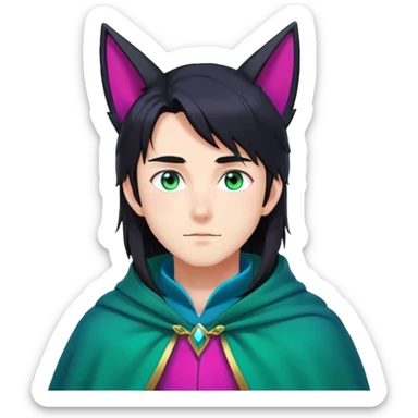 anime man with long-straight-dark-black hair, long black fox ears with pink Scapha, colorful-gradient-brown-turquoise eyes, gold earring, dark-blue-sweater, green cape, white pupils sticker