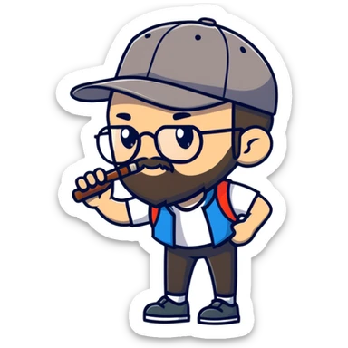 adventurer with small beard, glasses and backwards baseball cap sticker