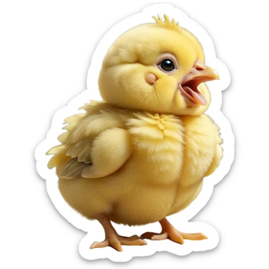 Cinematic Cute Yawning Yellow Baby Chicken Portrait Emoji, Head tilted slightly with a dramatic, wide-open yawn, showcasing a soft, downy yellow coat with little drooping wings, round beady eyes barely open in drowsy contentment, Simplified yet irresistibly adorable features, highly detailed, glowing with a soft, cozy glow, high shine, relaxed yet expressive, stylized with a touch of whimsical charm, bright and endearing, soft glowing outline, capturing the essence of a sleepy yet affectionate chick, so drowsy it feels like it could stretch out of the screen and curl up for a nap! sticker