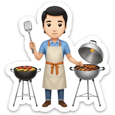 man cooking barbecue full-body black hair light brown skin sticker