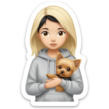 a black-haired Chinese girl in a gey hoodie with a blonde yorkie puppy sticker