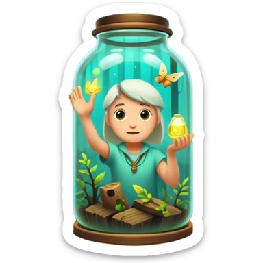 forest mystic character catching glowing idea moth in jar sticker