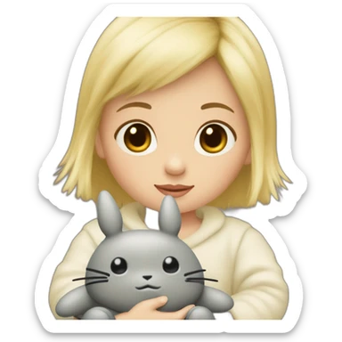 bébé fille blonde décoiffée assise avec une peluche Totoro  sticker