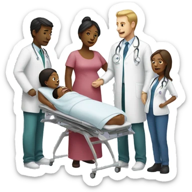 a woman gives birth and doctors stand nearby sticker