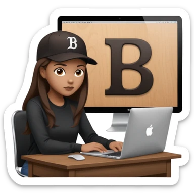 A professional 3D avatar of a young woman with light brown skin and long, dark brown hair, wearing a dark, long-sleeved shirt and a black baseball cap with a prominent white 'B' logo. She's sitting at a sleek wooden desk, typing on a silver MacBook. sticker