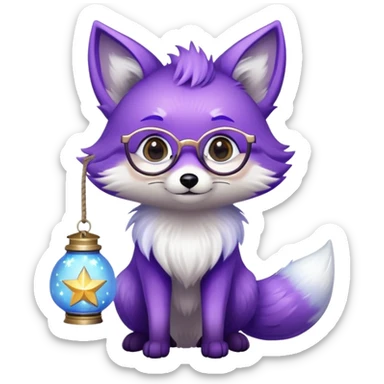 a small magical fox with shimmering purple and blue fur, a glowing fluffy tail, a silver star on its forehead, round glasses, and a tiny lantern. 😂 sticker