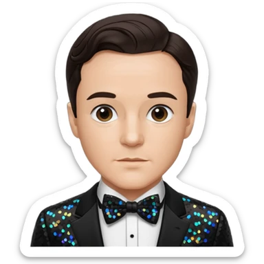 Gene Kelly with dark brown hair, black sequin suit with bow tie sticker