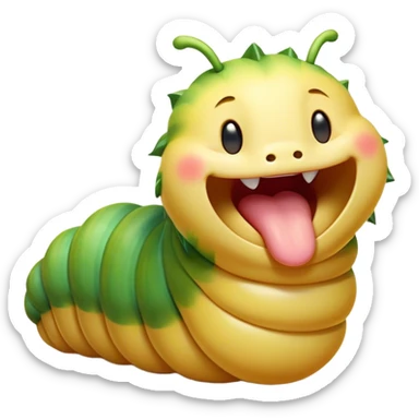 Cinematic Adorable Yawning Caterpillar Portrait Emoji, Head tilted slightly with a dramatic, wide-open yawn, showcasing a plump, segmented body with softly drooping edges and sleepy, half-closed eyes, Simplified yet irresistibly cute features, highly detailed, glowing with a soft, cozy natural glow, high shine, relaxed yet expressive, stylized with a dash of whimsical transformation charm, soft glowing outline, capturing the essence of a drowsy caterpillar that appears ready to stretch and yawn its way out of the screen! sticker