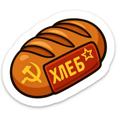 Create a cartoon sticker-style emoji of a Soviet bread loaf inspired by the reference image. Add red and gold Soviet iconography, such as a small hammer and sickle or red star, and simple Cyrillic text. No real brand names, just a generic USSR look. The style should resemble a cartoon sticker with bold outlines and vibrant colors. sticker