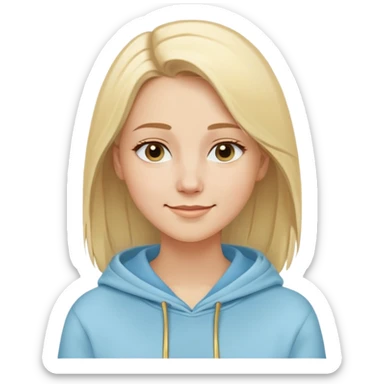 Caucasian woman, oval face, straight light blonde hair with side part, serene smile, dreamy expression, light blue hoodie with gold and white details sticker