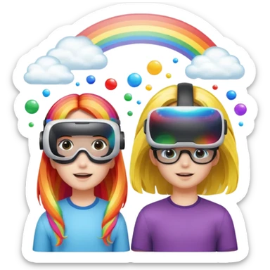Human girl and boy Show a VR headset or AR glasses, symbolizing the immersive hair experience. Include virtual objects or a 3D scene floating in the air in front of rainbow Make the background transparent. sticker