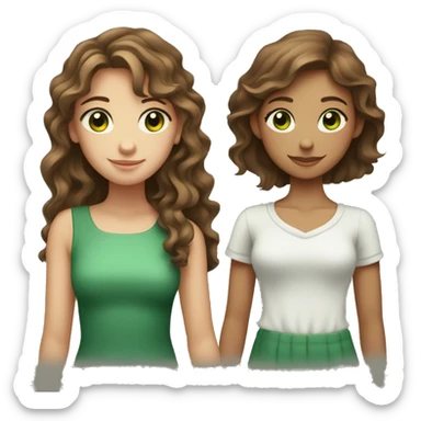 Two girls with brown hair and green eyes one with a little more wavy hair with they’re hand around each other  sticker