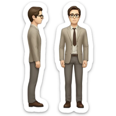 Full height Pale skinned fit man with dark brown hair in gray jacket, beige office shirt, brown tie, brown pants and vintage glasses. His right hand stretched out sticker