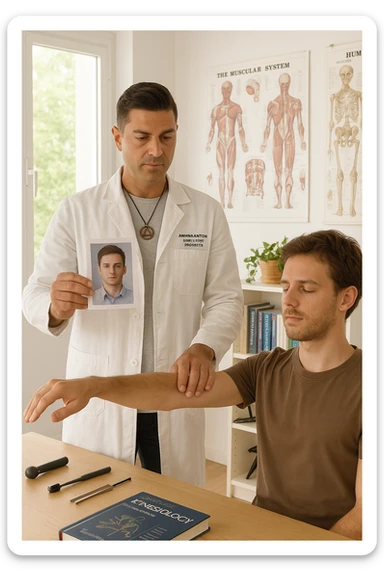 a middle-aged man, dressed in casual professional attire, is in a bright, organized therapy studio. Durante una visita di kinesiologia, il ragazzo tiene con una mano la foto di una persona lontana (il “testimone”) tiene la foto in mano, mentre con l’altra mano esegue un test muscolare su un cliente presente. Sullo sfondo si vedono libri di kinesiologia, poster anatomici e strumenti tipici della disciplina. L’atmosfera è concentrata e serena, con luce naturale che entra dalla finestra, sottolineando l’aspetto alternativo e umano della pratica. sticker