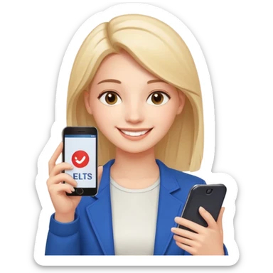 3D emoji style sticker, confident young woman, white background, smiling, holding a smartphone with IELTS result screen showing Overall 8.0, acceptance letter from a European university visible, calm confident energy, soft lighting, minimalistic, clean astrology emoji style sticker