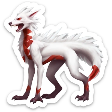 White edgy cute badass epic anthro modern albino sergal-vernid-Fakémon with red mane and red eyes with red edgy stripes, full body sticker