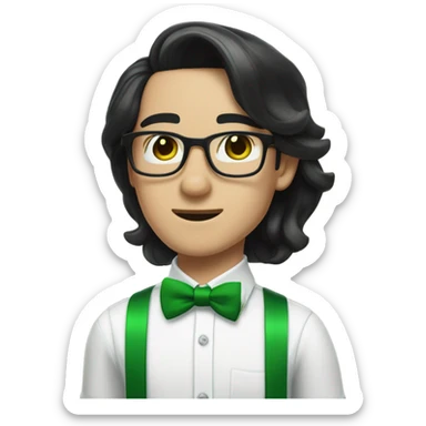 A male nerd with glasses and shoulder length black hair slicked back and he’s wearing a white button down shirt with a green bow tie and green suspenders sticker