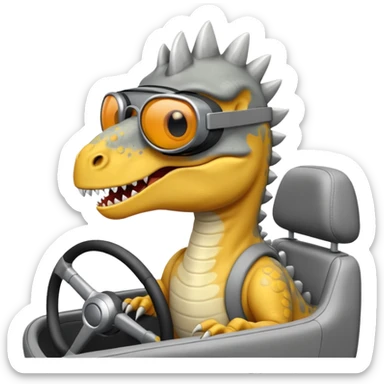 Dinosaurio  gris subido en un carro blanco tecnológico con lentes de realidad virtual sticker