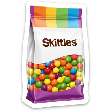A Skittles candy package with multiple pieces of transparent tape holding it closed, rainbow colored packaging, minimalist style sticker