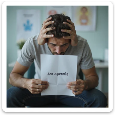 hyperrealistic 4K image of a man in his 30s sitting in a urologist's office, holding semen analysis paper with 'azoospermia' visible, head in hands, devastated expression, fertility posters on wall, clinical setting sticker