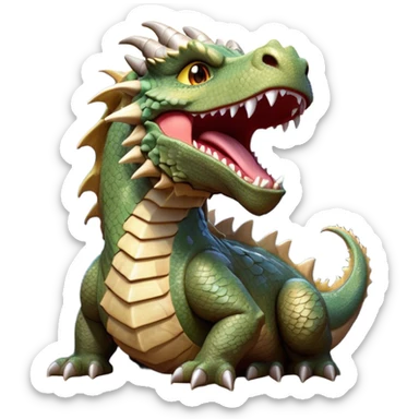 Cinematic Cute Yawning Giant Rock Dragon Portrait Emoji, Head tilted slightly with a dramatic, wide-open yawn, revealing a colossal, rugged body with weathered, rock-like scales and subtly drooping, earthy features rendered in authentic, stony texture; high shine, relaxed yet powerful, styled with a dash of timeless geological charm, soft glowing outline, capturing the essence of a sleepy but stoic rock behemoth ready to settle into an ancient, enduring slumber! sticker