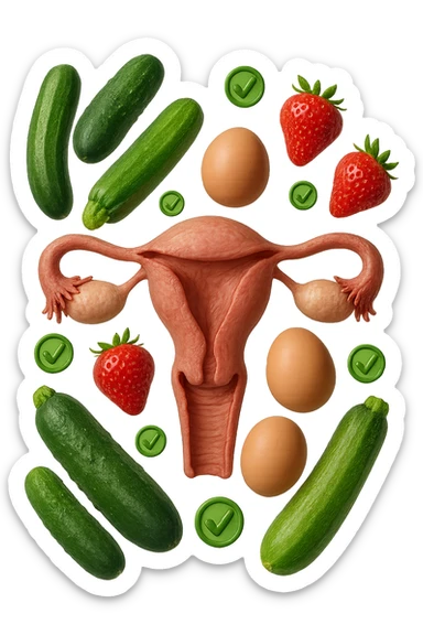 zucchine, cetrioli, fragole, uova fluttuano insieme ad un utero umano realistico anatomico e a piccole spunte verdi di "verificato" 3d, IPERREALISTICO 4K sticker