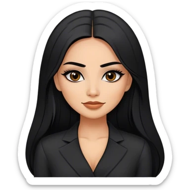 beautiful woman boss, with long straight black hair, with make up, black eye liner, smile, mexican, brown skin, wearing beautiful sexy black outfit, she has a shy attitude  sticker