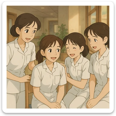Four nursing students, Ghibli style, based on references, interacting in an indoor environment. White short-sleeve uniforms, V-neck, left chest pocket, bare forearms, long hair tied back, no stethoscopes or collar stand. Team and cooperation atmosphere. sticker