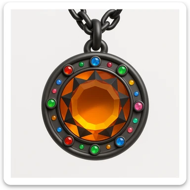 Transform this into a charm: add a black chain attached to the top and small colorful gemstone accents around the main amber gem, keep the 3D emoji style sticker