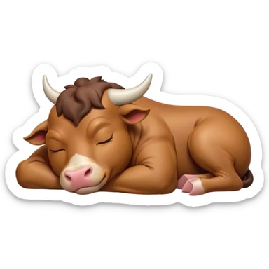 Meme-Worthy Cute Sleeping Domestic Bull Portrait Emoji, Head resting peacefully with a contented smile, showcasing a robust, muscular build and a luxuriously soft coat, eyes gently closed in serene, restful slumber, Simplified yet hilariously adorable features, highly detailed, glowing with a soft, drowsy natural light, high shine, relaxed and utterly lovable, stylized with an air of playful laziness, soft glowing outline, capturing the essence of a sleeping domestic bull that feels destined to become the next viral sensation of adorable rest! sticker