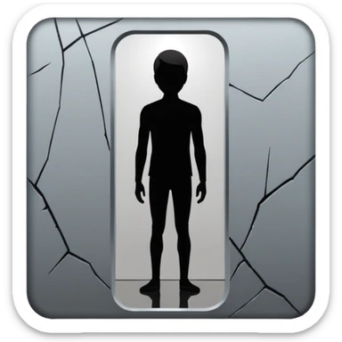 Minimalist emoji-style sticker of a person standing in front of a cracked mirror. The mirror shows a dark shadowy silhouette or distorted figure instead of a reflection. Flat black and white design with muted gray tones. No text. Bold, clean lines. Square composition. No shading or gradients. sticker
