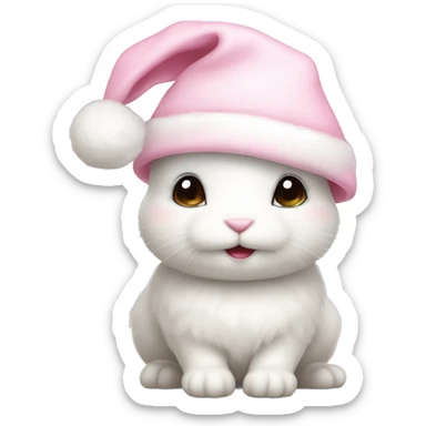 A white little cute bunny wearing a little cute pastel pink Christmas hat sticker