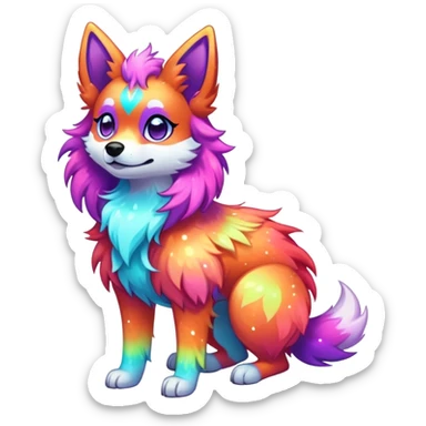Vibrant multicolored neon-colored Falvie-Fionbri-creature-sparkle-dog-fursona, full body sticker