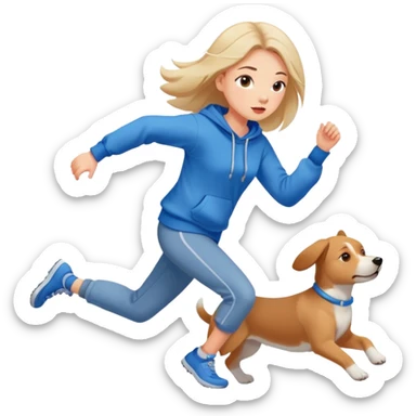 A beautiful girl with fair skin chases a dog in a sweatshirt sticker