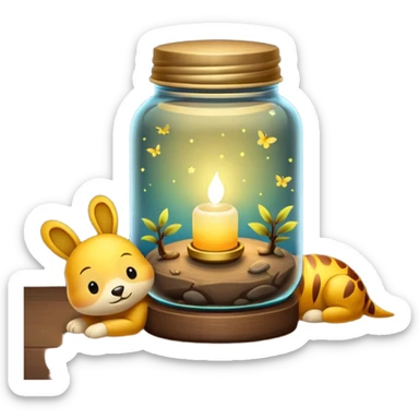 firefly jar used as night lamp beside sleeping critter sticker
