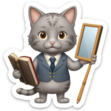 A cat with a mirror on its feet, a book in one hand, a teacher's stick in the other, and hair that looks like Einstein's. sticker