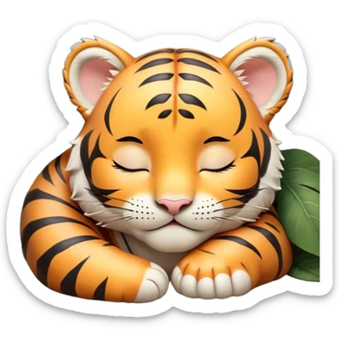 Meme-Worthy cute Sleeping Tiger Cub Portrait Emoji, Head resting peacefully with a contented smile, showcasing a luxuriously soft, striped form and eyes gently closed in serene slumber, Simplified yet comically adorable features, highly detailed, glowing with a soft, drowsy wild light, high shine, relaxed and utterly lovable, stylized with an air of playful laziness, bright and heartwarming, soft glowing outline, capturing the essence of a sleeping tiger cub that feels destined to become the next viral icon of adorable rest! sticker