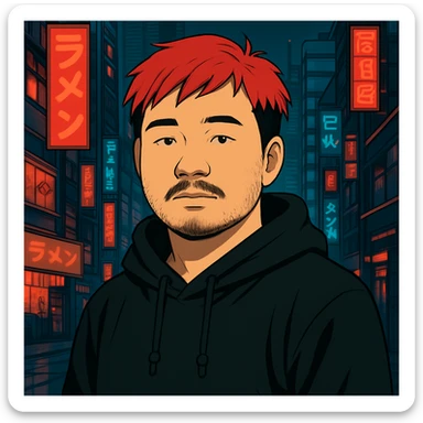 Asian man with a bit round face, less mustache, and a bit of beard, red hair, black hoodie, Japanese cyberpunk anime style, futuristic city background sticker