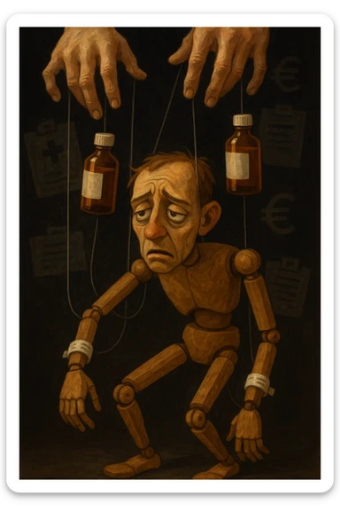 a marionette puppet with hospital bracelets and medication bottles as strings is controlled by unseen hands from above. The puppet’s face shows confusion and fatigue, representing the feeling of being managed by an invisible system. The background is dark, with faint images of medical charts and euro signs. in italiano sticker