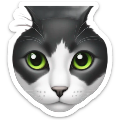 A black cat with green eyes with a white mustache, with a thin white stripe on the nose on the right side, with a full-length white breast and white paws sticker