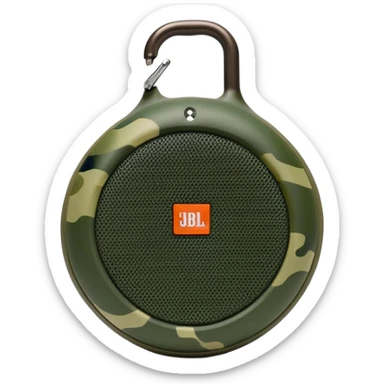 Simple JBL Clip 4 portable speaker with correct round body and built-in carabiner hook, minimal green camo pattern, iOS emoji style sticker