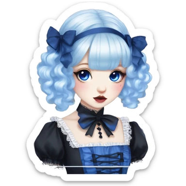 Japanese pale woman with Blue curly pigtails and bangs, royal blue lips and eyeshadow, long eyelashes, blue eyes, black Lolita dress with laces and ribbons, gothic Lolita doll look sticker