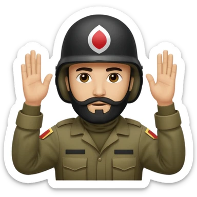 surrenders, depicts an Iraqi soldier from 1980, with a beard, in a helmet, a helmet "WITHOUT" insignia, with a balaclava, with sad eyes and both hands raised up sticker
