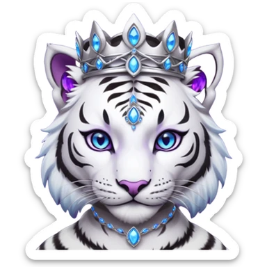 ESO Female white/black tiger khajiit leader of the umbral rose, glowing blue eyes, glowing blue 'third eye' gem; purple gem silver tiara sticker